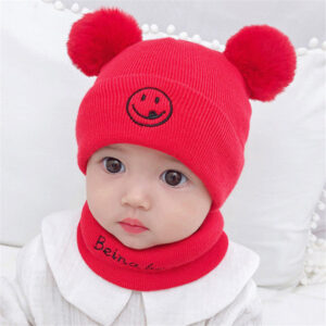 0–36 Months Smiley Face Baby Cap Red & Scarf