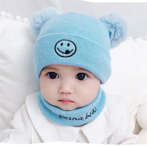 0–36 Months Smiley Face Baby Cap Blue with Scarf