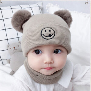 0–36 Months Smiley Face Baby Cap Brown with Scarf