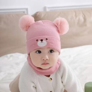 0–36 Months Pink New Bear Baby Hat with Scarf