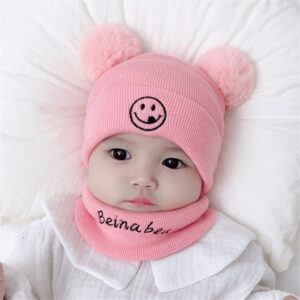 0–36 Months Smiley Face Baby Cap Pink with Scarf
